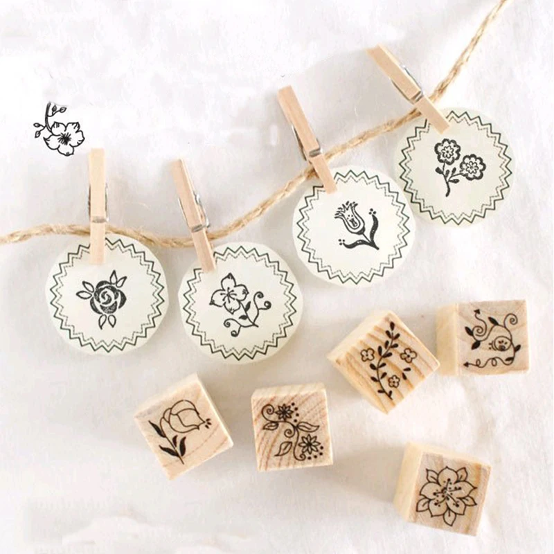 ZQSPFAFA Hand-painted Pattern Stamp Cute Flower DIY Scrapbook Decoration 2017 Fashion Brand Geometric Square Wooden Set | Канцтовары для