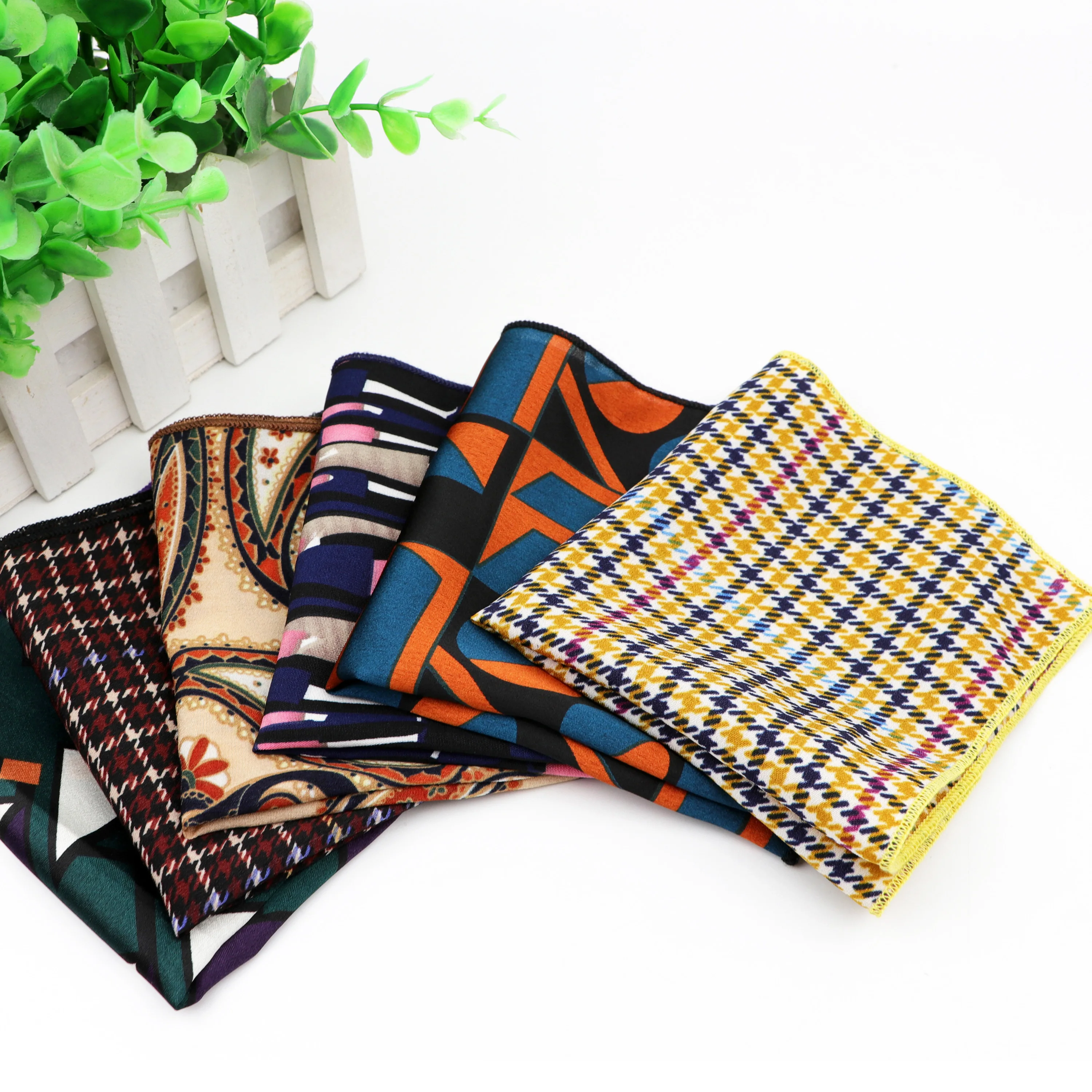 Chiffon lenço vintage poliéster hankies bolso masculino lenço quadrado listrado geométrico lenços