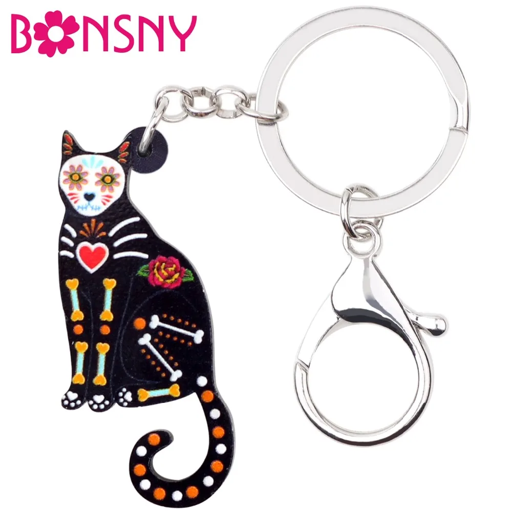 Bonsny акриловые Цветочные Элегантные сидячие брелки для ключей на Хэллоуин кошка