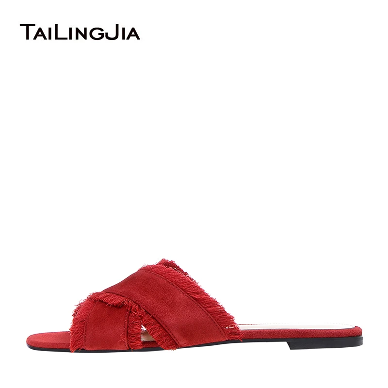 red fringe flat sandals