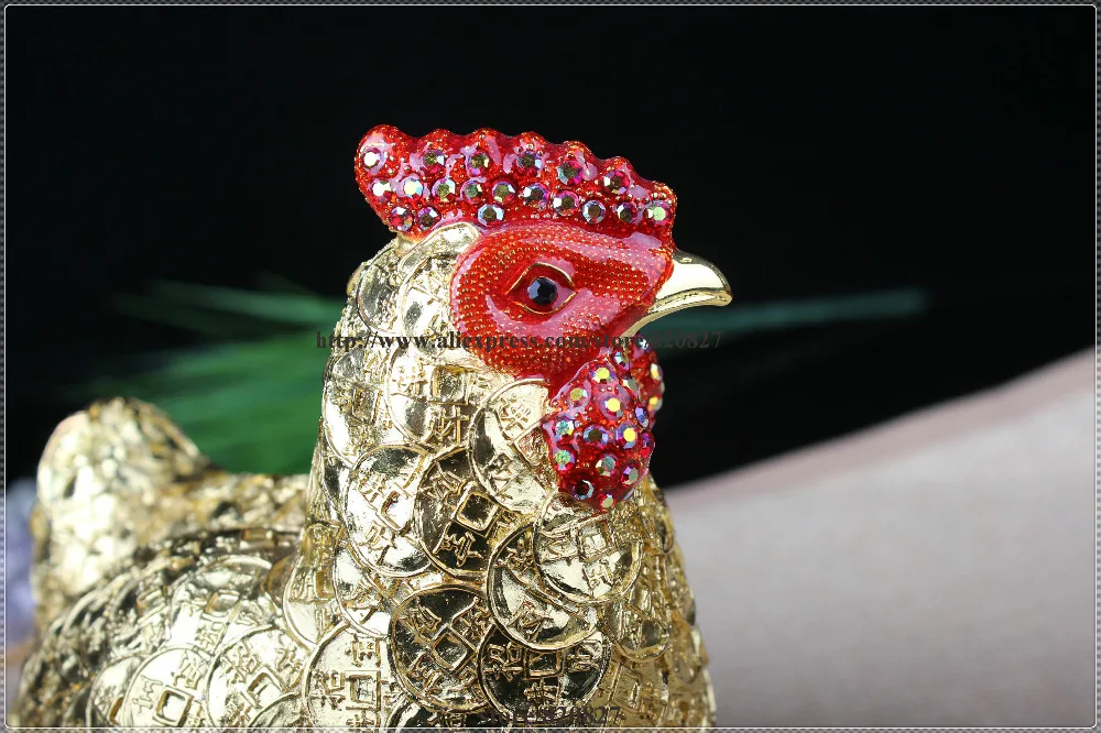 Good Luck and Godd Fortune Bring Rooster Chicken Statue Trinket Jewelry Box Fengshui Chicken Jewelry Box with Coins Covered