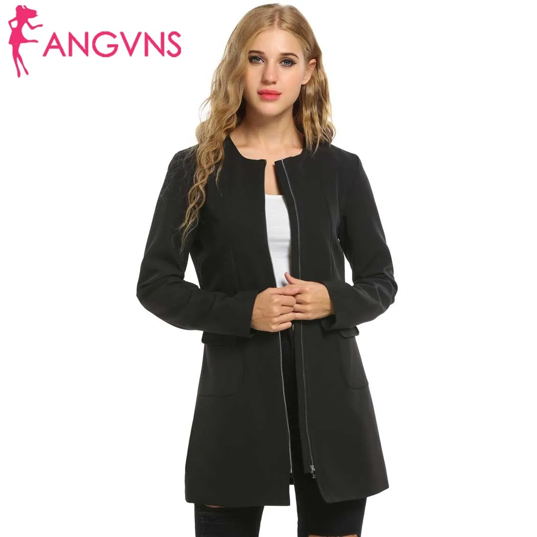 ANGVNS New Women Coat Casual O-Neck Long Sleeve Solid Mid-Long Coat Jacket with Pockets summer spring 2018Casaco Manteau mi-long Coats