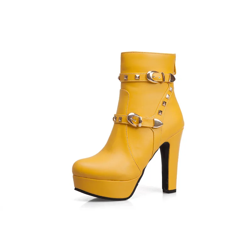 YMECHIC/Модные ботильоны на платформе и высоком каблуке; цвет белый, желтый, красный, черный; женская свадебная обувь с пряжкой и шипами; большие размеры - Цвет: Цвет: желтый