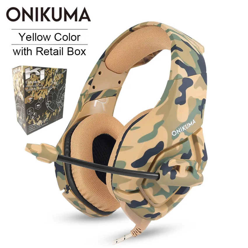 ONIKUMA K1 PS4 игровая гарнитура с микрофоном Casque камуфляж шумоподавляющие наушники для ПК сотовый телефон Xbox One ноутбук - Цвет: Yellow Retail Box