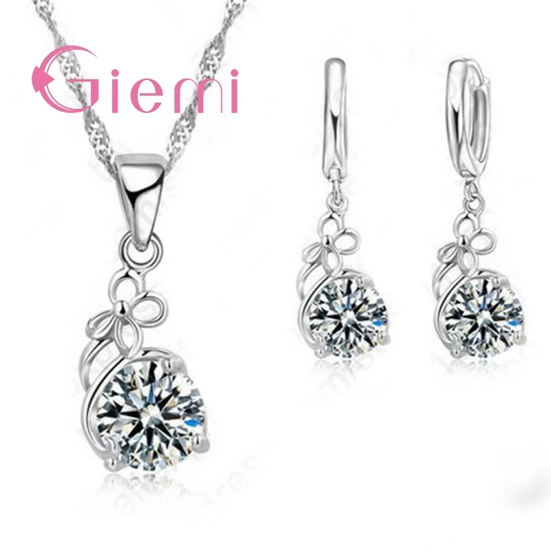 

Classic Elegant Flower Shape Crystal Stone Necklace Earrings 925 Sterling Silver and CZ for Lovely Cute Women