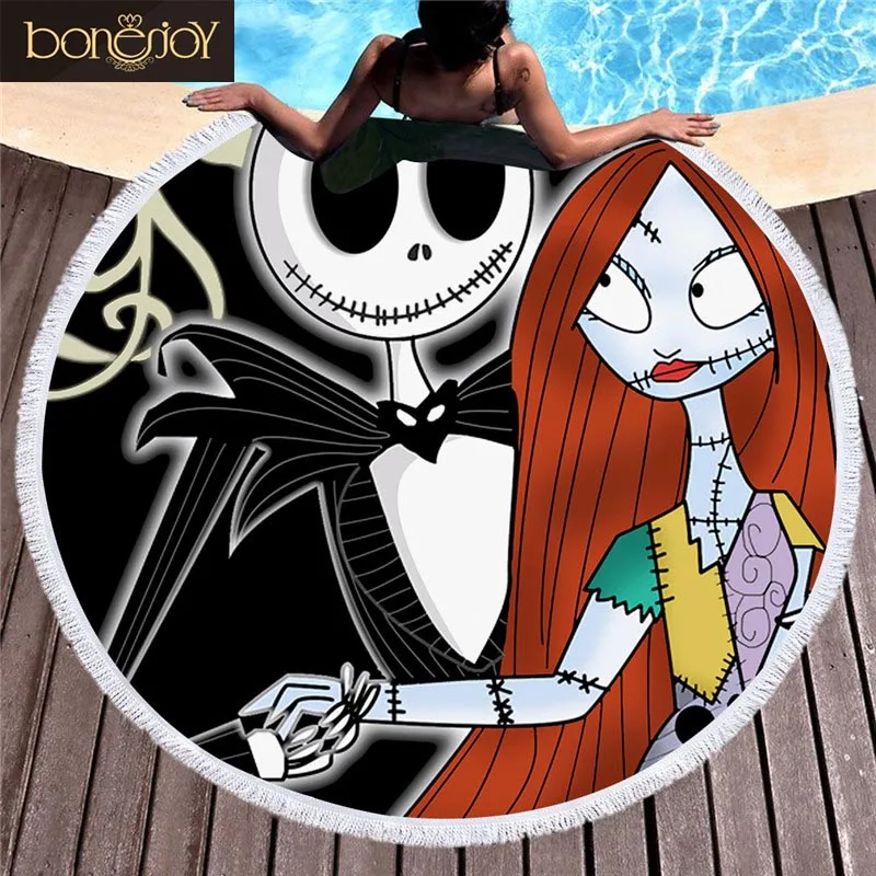 

Bonenjoy Round Beach Towel Summer Large Towel For Adult Kid Yoga Mat Tassel Toalla Blanket Nightmare Before Christmas Bath Towel