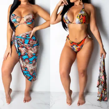 

Bikini 2019 Swimwear Women Floral Print 3PCS High Waist Push-up Padded Bra Bandage Bikini Set Swimsuit Swimwear Bathing