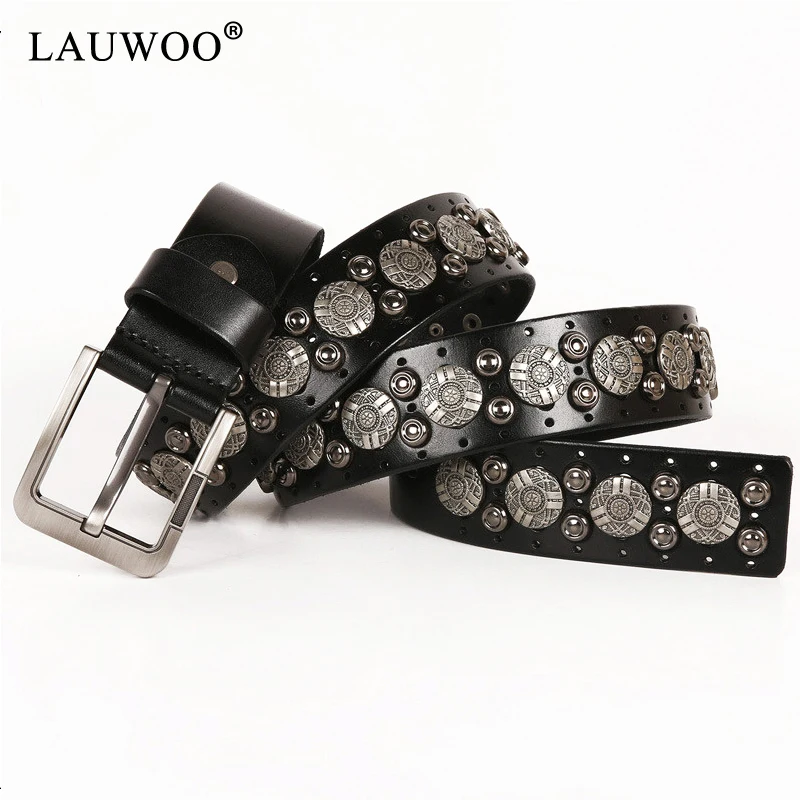 

LAUWOO Punk high quality pin buckle belt hip hop personality metal big copper rivet belt Men and Woman leather waist seal jeans