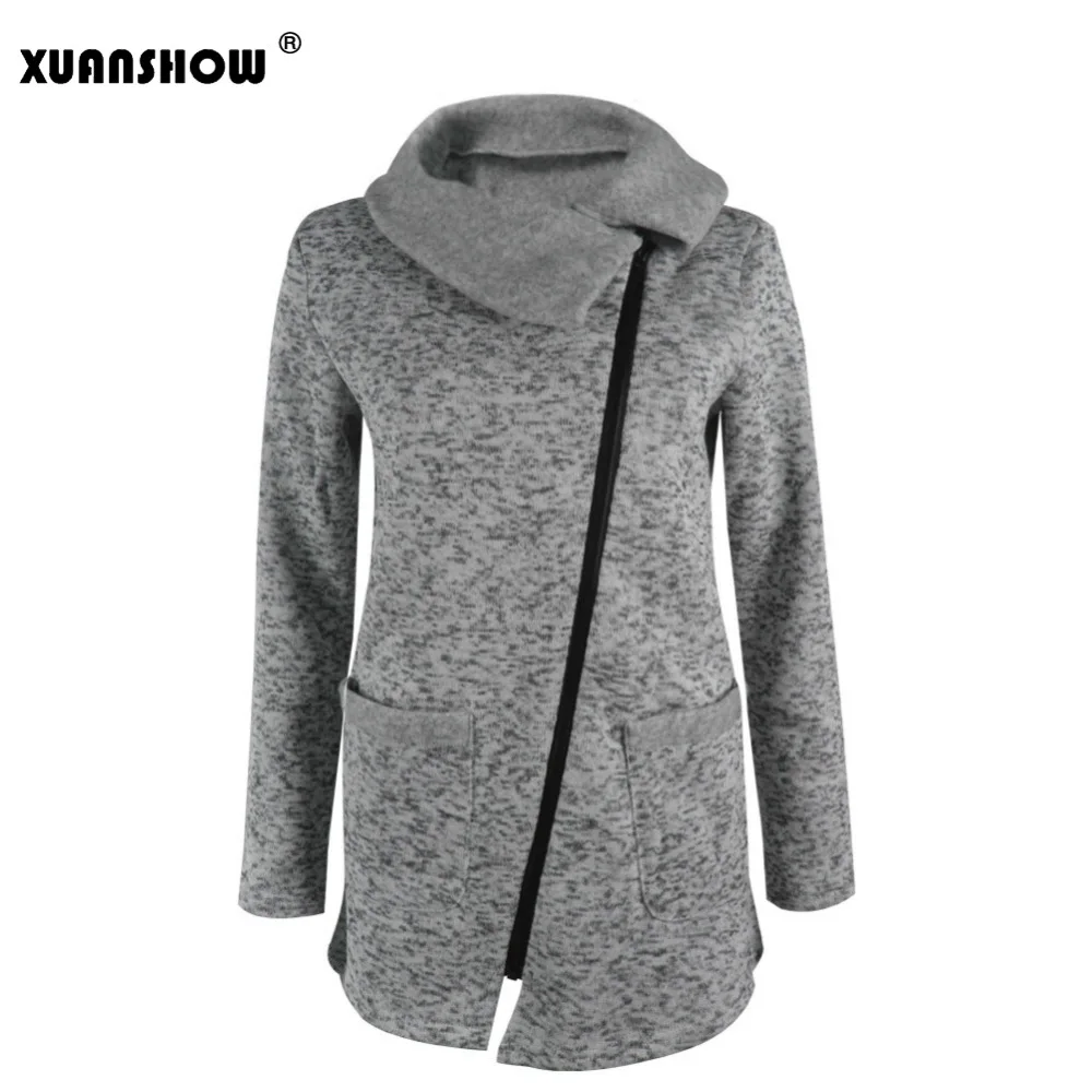 

XUANSHOW 2019 Winter Autumn Women's Sweatshirt Turn-Down Collar Zipper Coat Plus Size Warm Female Corp Tops Zip-up S-5XL