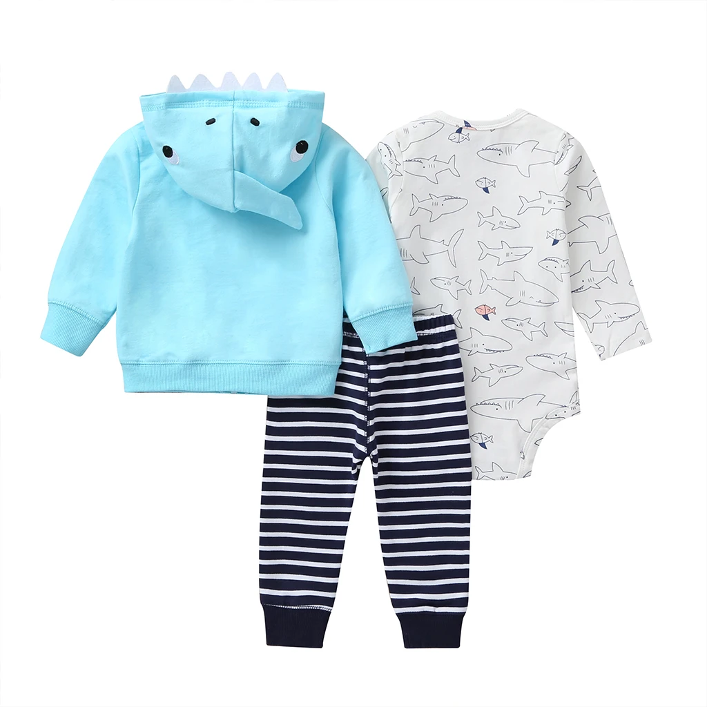 Комплект для маленьких мальчиков с рисунком акулы, пальто с капюшоном и длинными рукавами синий+ боди+ штаны в полоску, коллекция года, Осенний модный костюм для новорожденных, Одежда для новорожденных