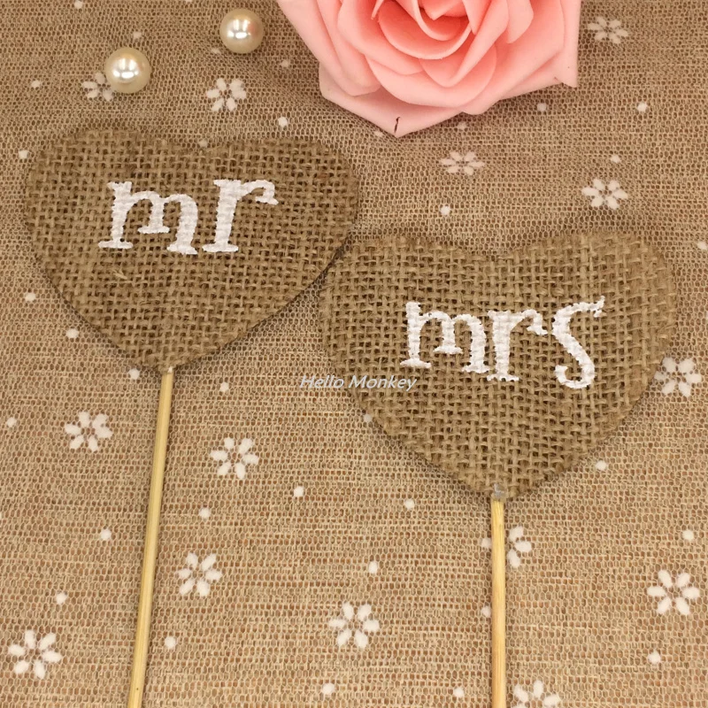 

10pairs Natural Jute Burlap Mr & Mrs Heart Sharp Vintage For DIY Wedding Decoration Party Decoration Wedding favors and gift