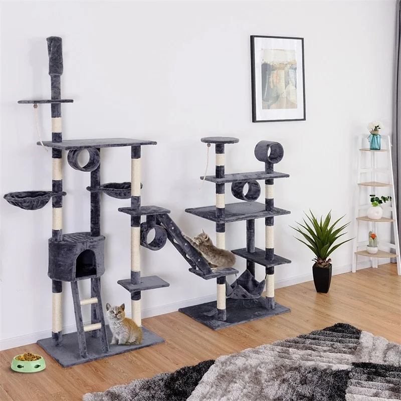 

Large Condo Scratching Posts Cat Tree with Ladder Hammock Cat Climbing Tree Scratching Post Board Cat Jumping Standing Fram