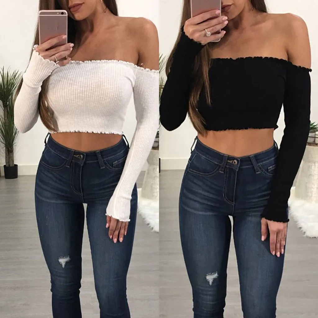 Korean Style Clothes Aesthetic Women Off Shoulder Cropped Tight Short ...