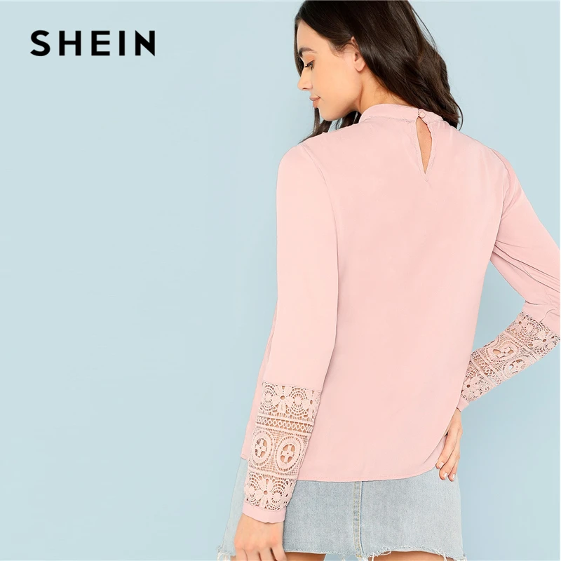 SHEIN Pink Flounce Neck Lace Cuff Top Elegant Stand Collar Long Sleeve Ruffle Blouse Women Autumn Plain Workwear Shirt Tops Blouses