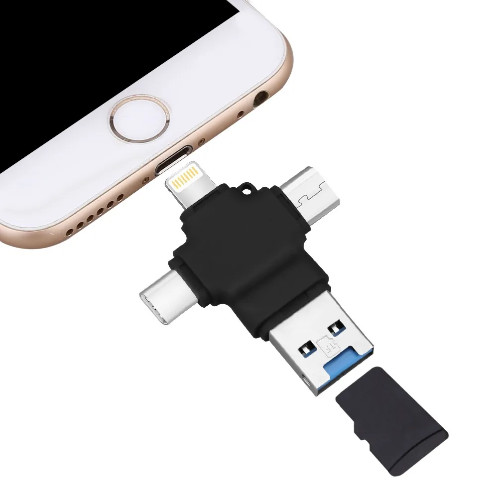 4 в 1 OTG кардридер USB 2,0/Micro/Lightning/type-C Micro SD TF кардридер адаптер для iPhone Android Smart кардридер памяти