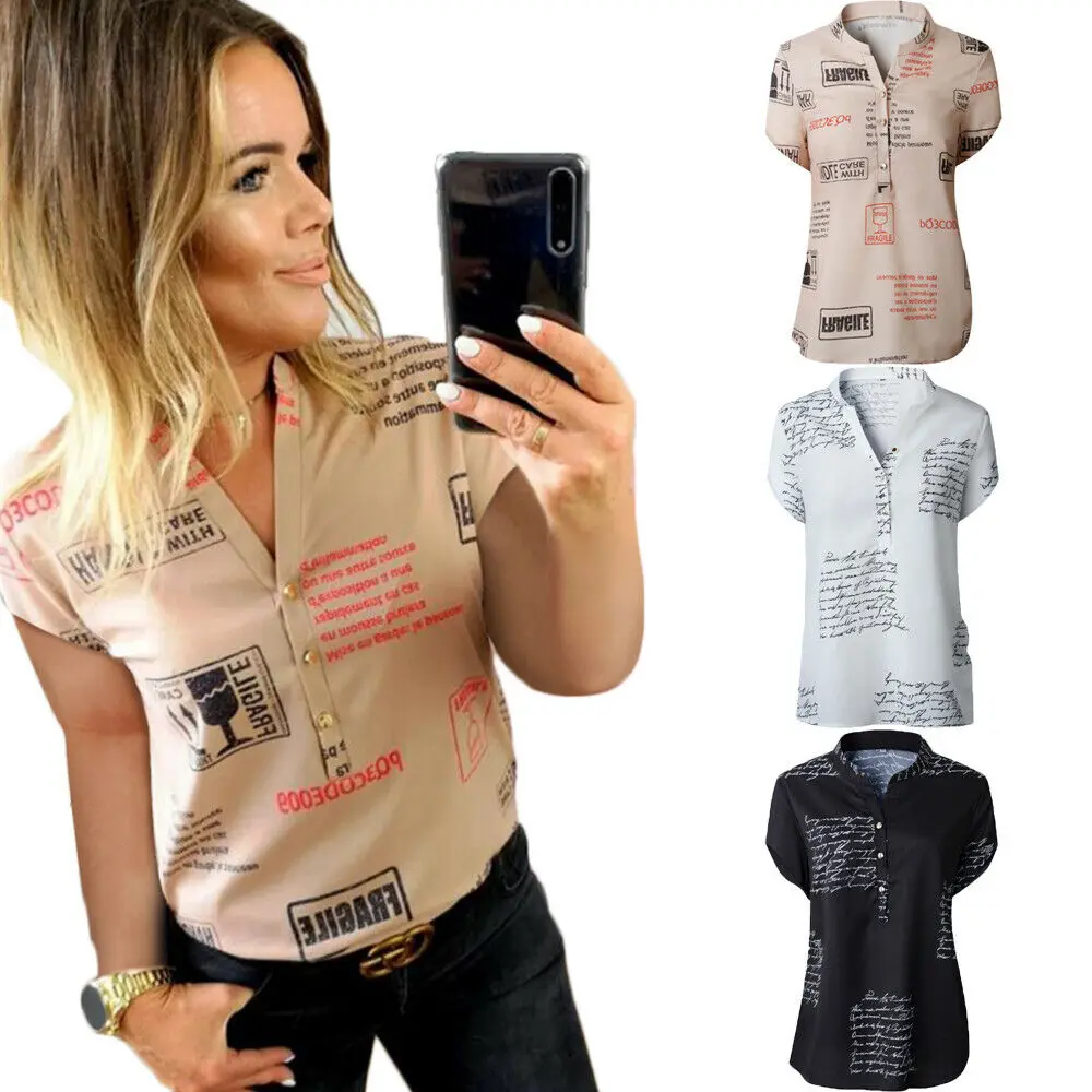 

Women Short Sleeve Letter Blouse Fashion Ladies Summer Casual V Neck Tops Shirt S-XXXL