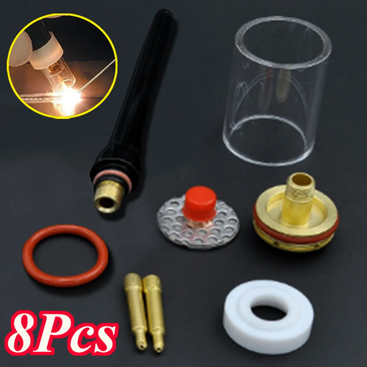 

Hot Sale 8PCS TIG Welding Torch Stubby Collet Gas Lens Insulator Pyrex Cup for WP-17/18/26 Series Welding Accessories