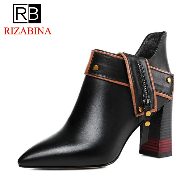 

RizaBina Women High Heels Boots Genuine Leather Winter Fur Shoes Woman Mixed Color Ankle Boots Fashion Rivets Shoes Size 33-43