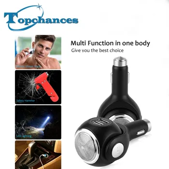 

High Quality 4 In 1 Dual USB Car Charger & Electric Shaver Razor & LED Flashlight & Emergency Escape Hammer for Smartphone