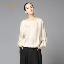 Voa шёлковый жаккард футболка свободный Женский пуловер большой размер Повседневная футболка бежевый базовый короткий комфорт Летучая мышь с длинным рукавом Весна B7183