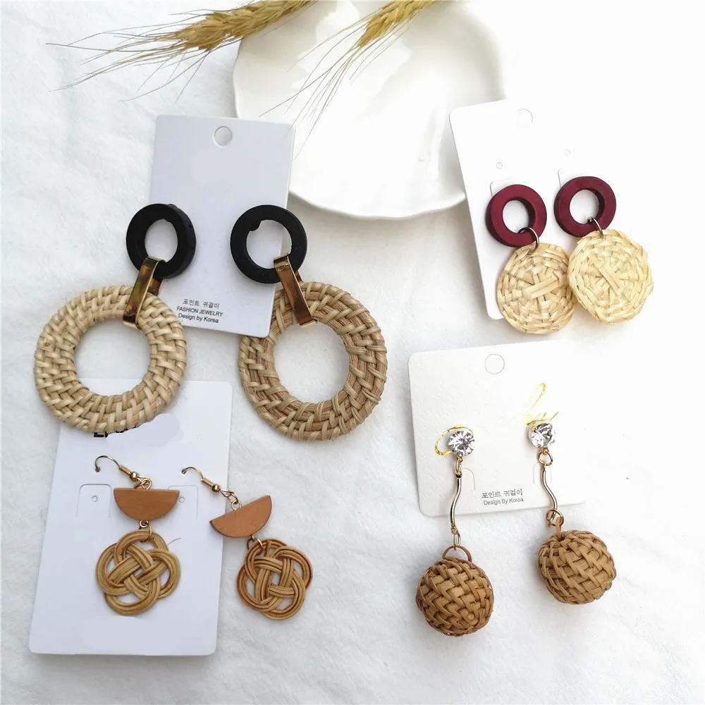 

10 Style Korean Handmade Rattan Weave Wooden Earrings Big Geometric Circle Irregular Drop Earrings For Women Beach Party Jewelry