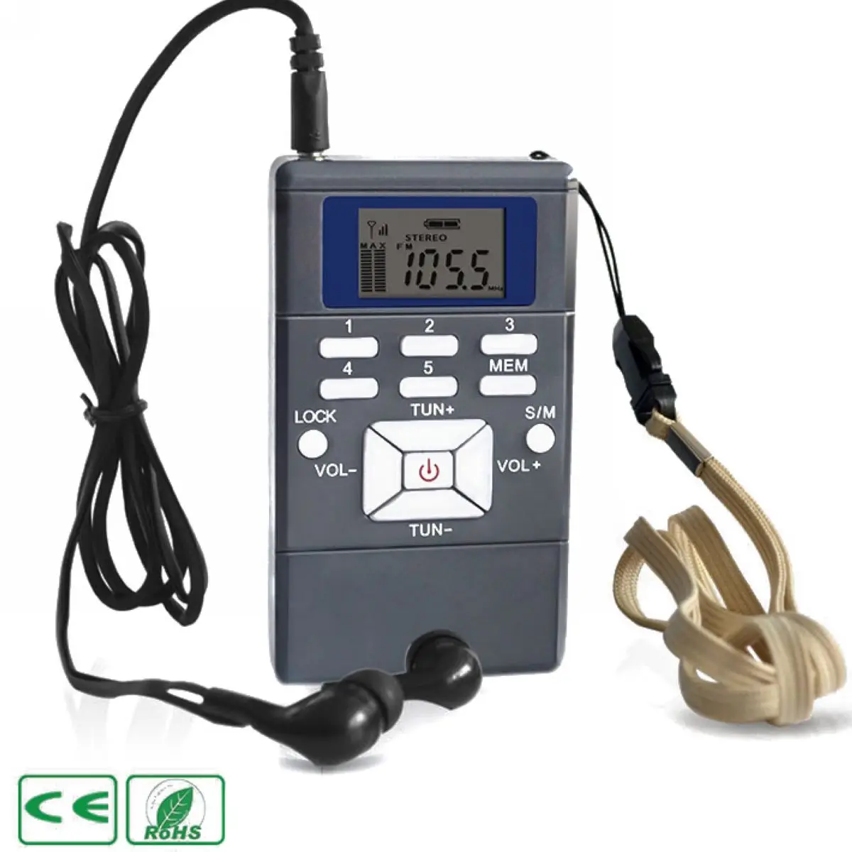 

Pohiks 60-108MHz Portable FM Radio Receiver Plastic Shell Handheld Digital FM Radio Battery Powered With Earphone
