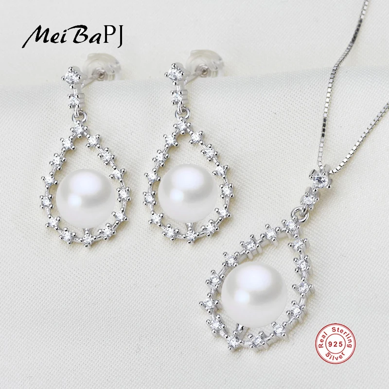 

[MeiBaPJ]New Fashion Real 925 Sterling Silver Water Drop Shape Jewelry Set Natural Pearl Pendant Necklace and Earrings 2 Sets