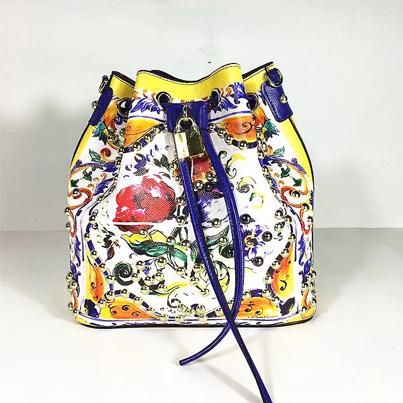 

Luxury Brand Sicily Ethnic Style Bucket Bag Genuine Cow Leather Shoulder Bags Women Famous Designer Flowers Printed Bags Sac