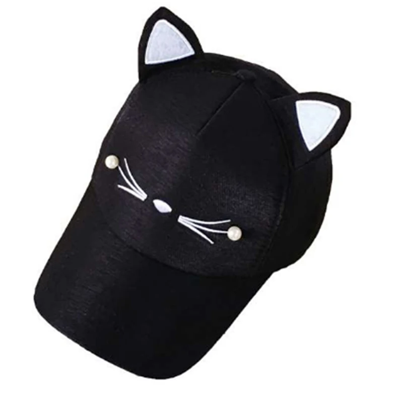 Уличный Регулируемый прекрасная вышивка шапка с украшением в виде кошачьих ушек Снэпбэк Кепка для мальчиков, девочек с жемчугом Бейсбол Кепки - Цвет: black