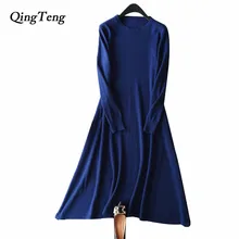 Qingteng Для женщин зимнее платье Костюмы для Для женщин Демисезонный черный вязаный теплый Винтаж ретро Длинные повседневные платья рубашка