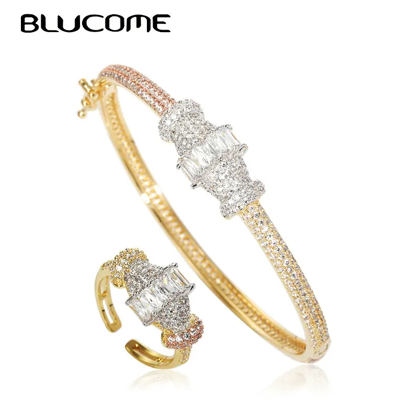 Blucome Luxury Classic Bangle Ring Sets Tricolor Zircon Copper Jewelry For Women Party Wedding Anniversary Accessories Gift | Украшения и