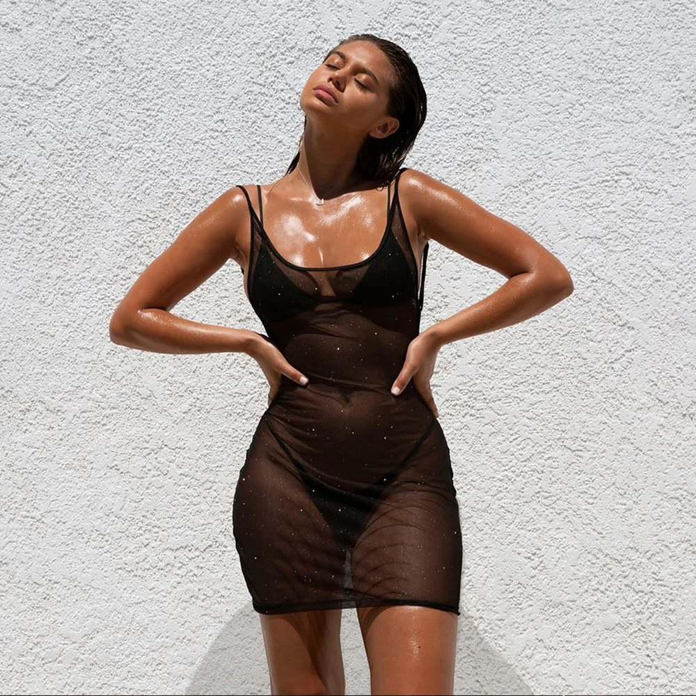 

BKLD Sheer Mesh Sequin Party Dresses Women Backless Sexy Bodycon Dress Mini Black Spaghetti Strap Dress 2019 Summer Beach Dress