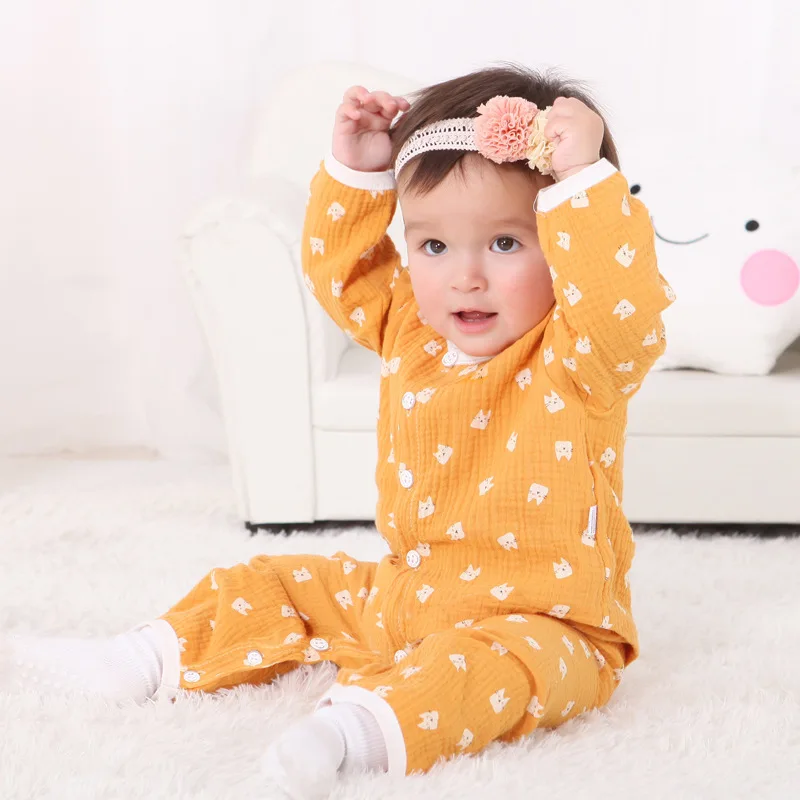 

FEERIJT Newborn Baby Girls Romper Gauze Long Sleeves 2019 Cotton Cute Soft One-piece Suit for Infant Pink Clothes for Summer
