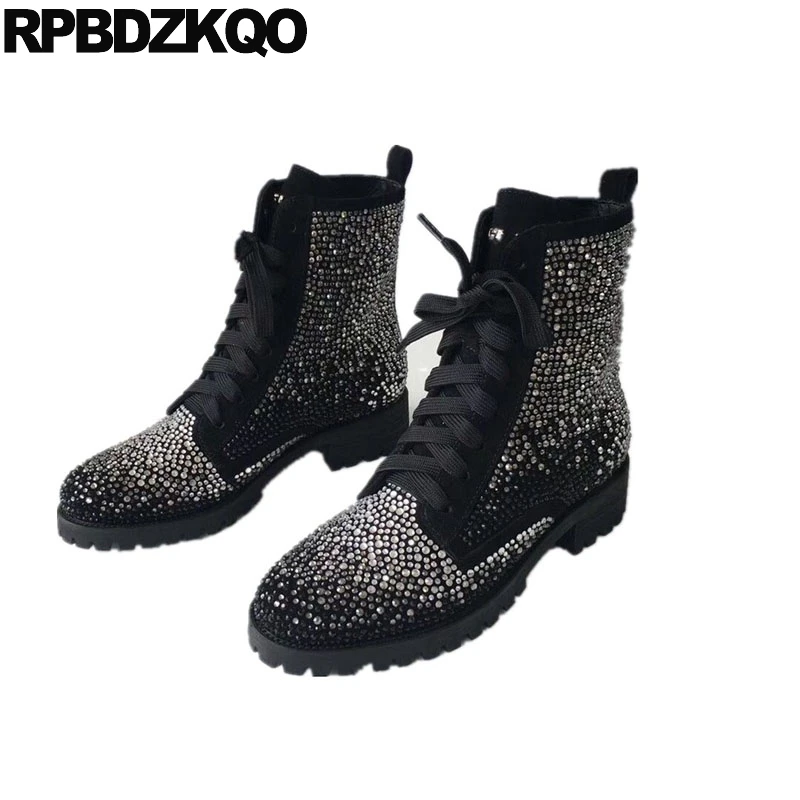 Autumn Black Genuine Leather Military Rhinestone Lace Up Sheepskin Shoes Combat Suede Women