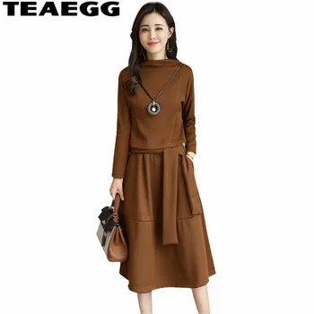 

TEAEGG Half Turtleneck Plus Size 3XL Womens Dresses Autumn Robe Vintage Dress Famale Brown Vestido Casual Women Clothing AL227