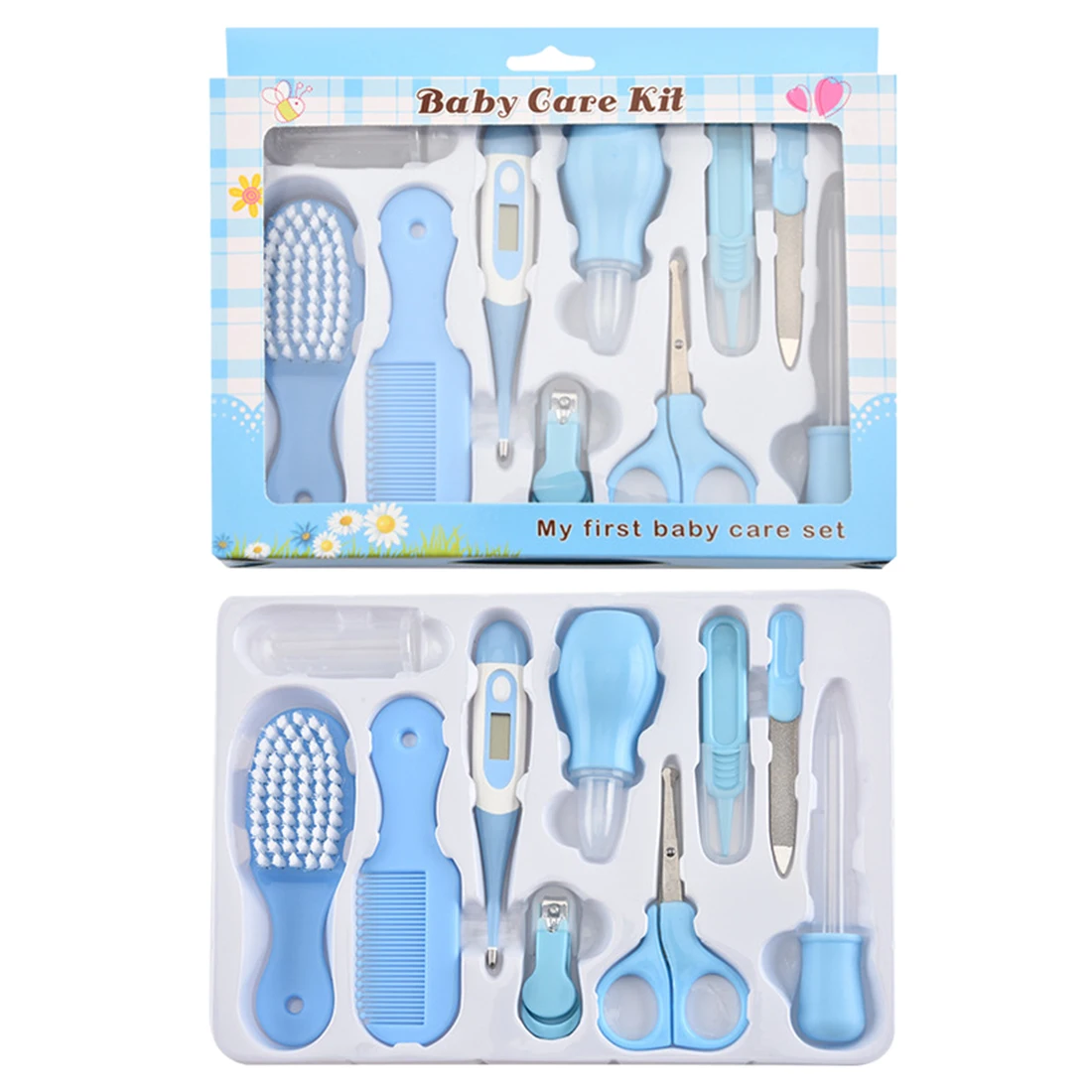 

Hot Sale 10Pcs Newborn Nursery Health Care Set Baby Grooming Kit Infant Thermometer Dropper Feeder Daily Nurse Tool - Blue Pink