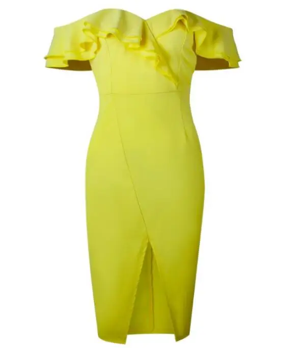 Сексуальная Клубная одежда летнее платье гофрированное с разрезом желтое Vestidos с рукавом-бабочкой облегающее белое миди летнее вечернее платье - Цвет: 0687 Yellow Dress