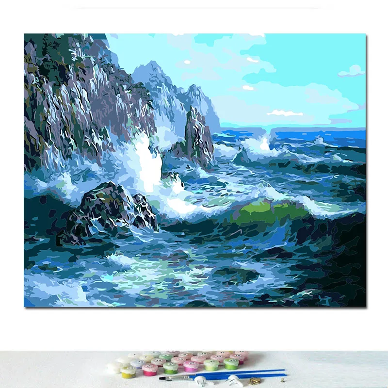 Картина по номерам художественная краска по номерам сделай сам на холсте настенная краска по номерам нарисованная картина с рамкой огромные волны серфинга горизонт - Цвет: 5745