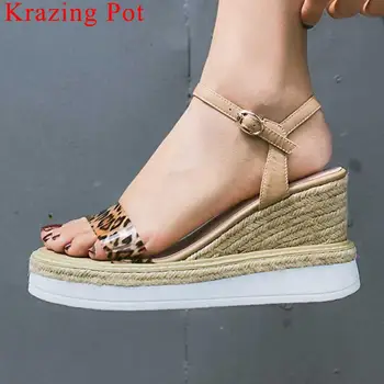 

Krazing Pot cow leather straw decoration buckle strap wedges platform peep toe women sandals pvc patchwork daily wear shoes L90