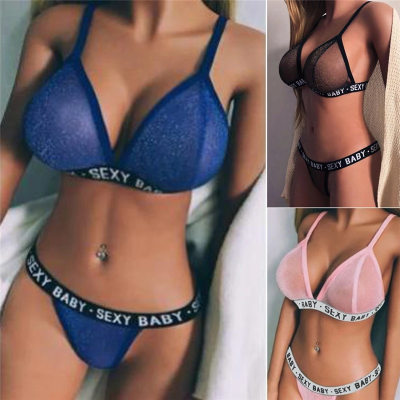 

Women Sexy Bra Sets Corset Sheer Push Up Top Bra Briefs Set Letter Underwear Lingerie Suit Black Blue Pink Nightwear Pajama Sets