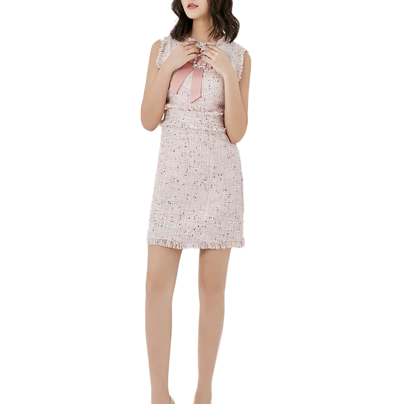 Высококачественное Женское зимнее клетчатое твидовое платье с бахромой подиумные платья винтажное платье без рукавов с бриллиантами и бантом серое мини-платье