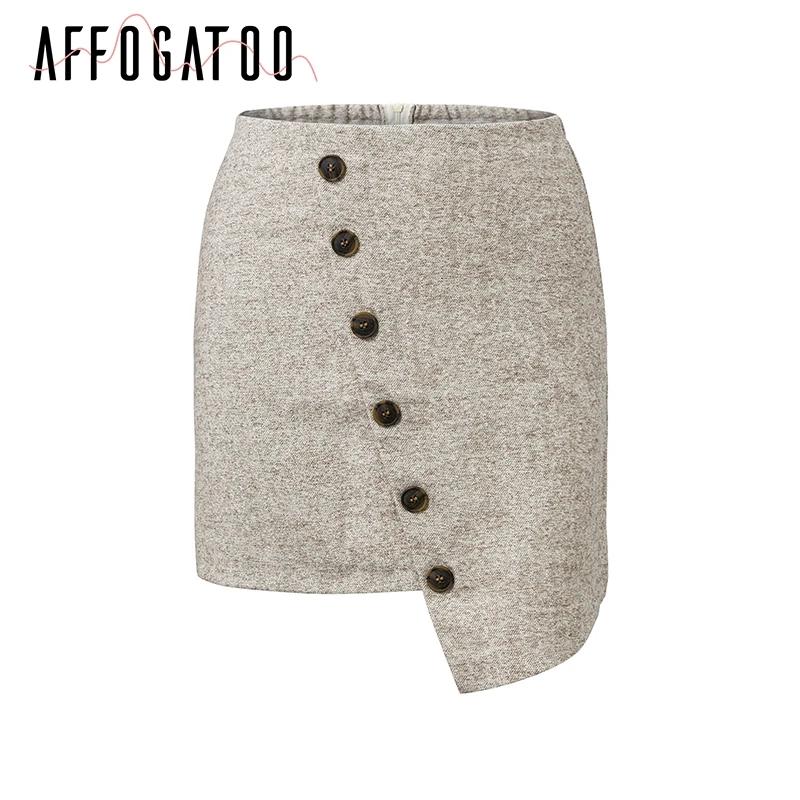 Affogatoo Asymmetric button tweed mini skirt women A line zipper high waist skirt Casual Autumn winter short skirt - Цвет: Apricot