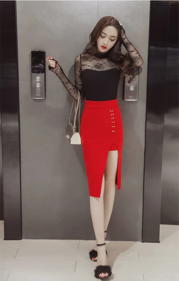 MSSNNG 2018 Slim split high waist bag hip skirt long skirt elegant professional skirt step skirt (13)