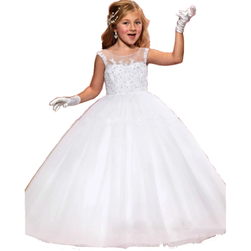 2015 Best Selling White Flower Girl Dress for Weddings Appliques and