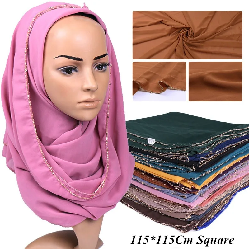 

115*115Cm Plain Gold Beads Chain Bubble Chiffon Instant Shawl Scarf Women Solid Square Wrap Headband Bufandas Muslim Hijab Caps