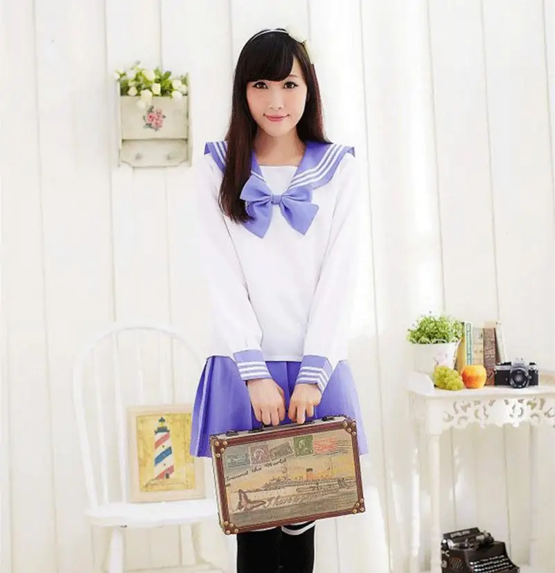 Korean Version Cosplay Costume Sailor Collar School Uniform Set With Bowknot Super Stretch  Girls Cotton Pleated Skirt 5