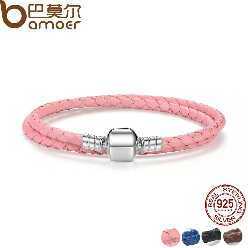 BAMOER Popular 925 Sterling Silver Genuine Leather Long Chain Adjustable Women Bracelets With Snake Clasp Fine