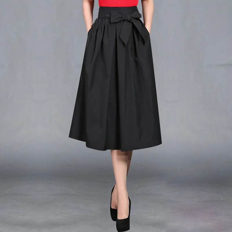 

Spring Autumn Pleated Skirt Women 2018 Korean Fashion Bowknot High Waist Wide Hem Midi Length Long Retro Skirts jupe longue