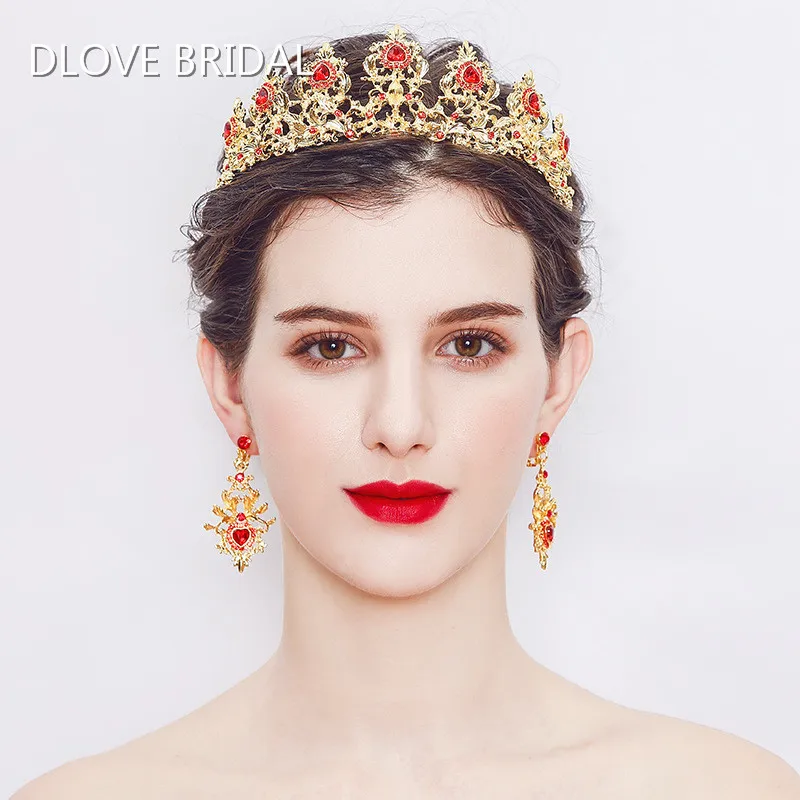 

Fashion Bridal Jewelry Sets Gold Wedding Party Crown and Earrings with Red Crystals