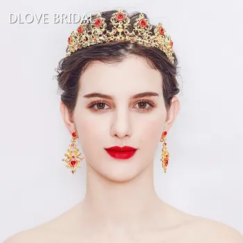 

Fashion Bridal Jewelry Sets Gold Wedding Party Crown and Earrings with Red Crystals